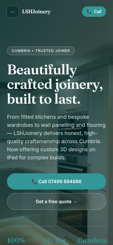 LSHJoinery website shown on a phone